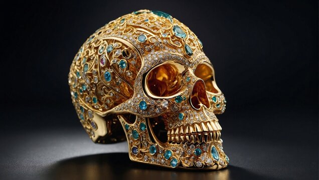 A golden skull richly decorated with diamonds, sapphires and gems