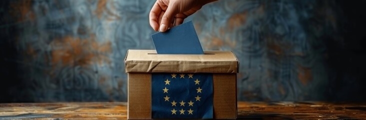 Hand placing a paper ballot into a box with European Union flag, depicting democracy