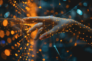 Human hand touching the screen in the digital field, technology, AI, smart device Cyber Security.