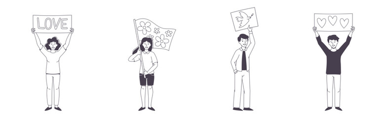 People Character Partaking in Demonstration for Love and Peace with Placard Vector Set