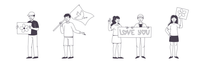 People Character Partaking in Demonstration for Love and Peace with Placard Vector Set