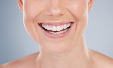Mouth, teeth and smile of girl closeup in studio for dental care, oral hygiene and healthy gums....