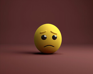 Fototapeta premium A minimalist 3D of a single yellow skeptical emoji on a solid burgundy background.