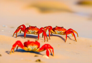 Fototapeta premium A red ghost crabs on a sandy beach 