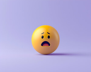 A minimalist 3D  of a single yellow frightened emoji on a solid purple background.