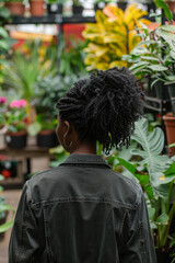 Backview of African American woman shopping and walking around a plant shop with a variety of houseplants, Generative AI