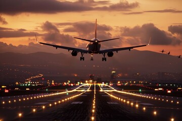 plane is flying over runway with lights on ground, vacation