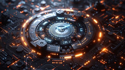 a technology circle made up of digital and analog clock faces, top view,Glowing Outlines and lines，blending old and new tech philosophies