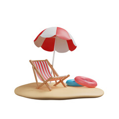 Beach umbrella with chairs, inflatable ring on beach sand. Summer beach vacation scene with transparent background. 3d refreshing summer sale template. Time to travel concept. 3d render illustration