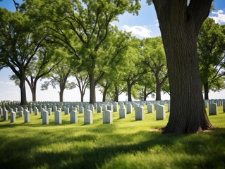 Naklejka premium A Peaceful and Serene View of a Military Cemetery with Rows of Tombstones Amidst Green Trees