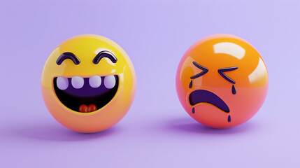 Fototapeta premium A minimalist 3D of a yellow laughing emoji next to an orange crying emoji, both on a solid lavender background, highlighting joy and sorrow.