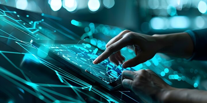 Expertly operating supercomputer systems using a digital tablet in a low-angle shot. Concept Supercomputer Systems, Digital Tablet, Low-Angle Shot, Expert Operation