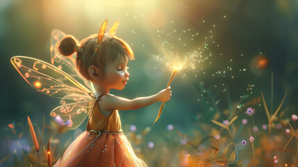 Cute little princess with magic wand and wings wearing a nice pink dream-like butterfly fairy dress and crown with lights ai generative