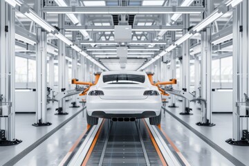 Obraz premium Modern passenger car assembly line with industrial factory setting for vehicle production