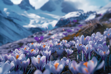 Picturesque meadow of crocuses in the middle of the mountains