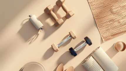 Yoga, fitness, workout training equipment on neutral beige background