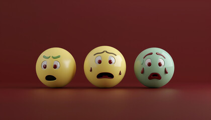 A minimalist 3D  of three emojis: a yellow determined, a light green shocked, and a mustard tired emoji, all on a solid dark red background.