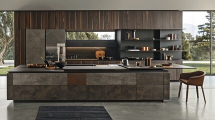 Modern kitchen interior design with island, dining table, chairs, and appliances