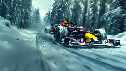 Paint a scene of high-speed drama as a Formula 1 car overtakes on a snow-covered track, leaving a trail of