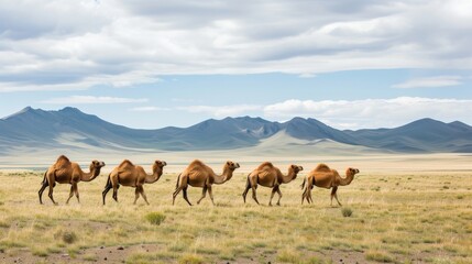 Camels as they traverse the steppe, their long necks bowed as they graze on sparse vegetation