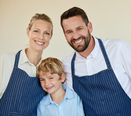 Man, woman and portrait with child in family bakery, deli or restaurant for working together....
