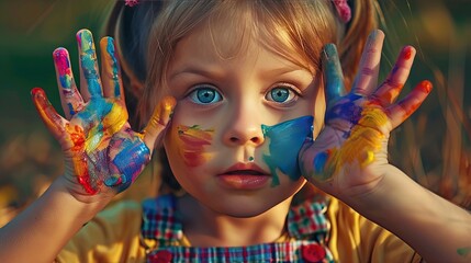 Portrait of a little girl with hands painted in bright colors.