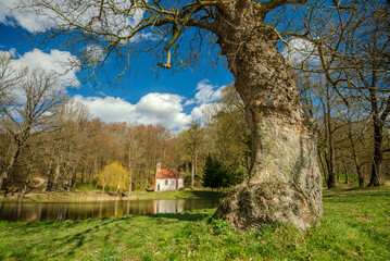 Small chapel and the Amber Fountain (Holy Fountain) Szent-kút (Borostyán-kút) Chapel near the Hungarian village Bakonybél in Hungary.