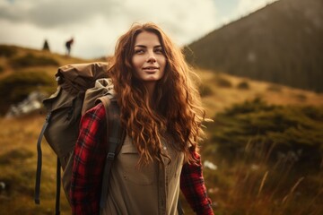 Serene female hiker with a backpack admires nature during a picturesque mountain trek at dusk