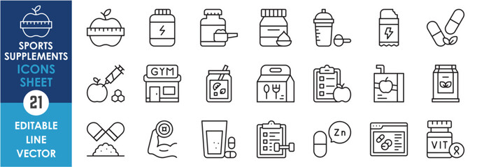 A set of line icons related to Sports Supplements. Outline icons with healthy food, vitamin, diet, gym, energy bar and so on. Gym nutrition icons.