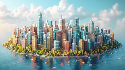 Naklejka premium 3D isometric illustration of a skyscraper, sleek glass facade, bustling cityscape