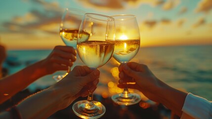 Close up group of friends hands raise a toast with glasses of white wine at sunset.
