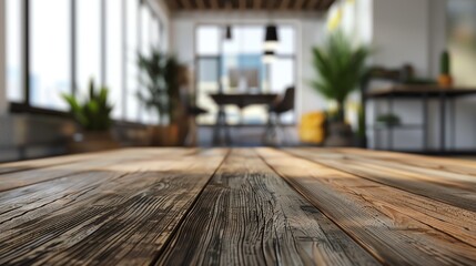 Closeup view of a textured wooden table surface, with a modern office setting blurred in the background, 3D illustration