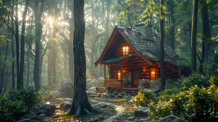 Cozy cabin illuminated in a misty forest at sunrise - Powered by Adobe