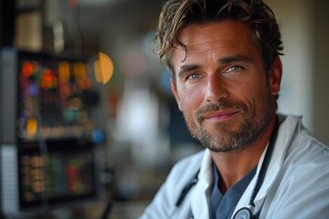 Confident male doctor in a lab coat with a stethoscope, smiling in a hospital setting