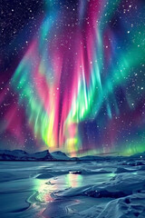 A mesmerizing display of the aurora borealis, with vibrant ribbons of green, purple, and blue light dancing across a starry sky above a pristine snowy landscape