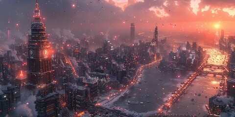 3D render of a crowded city with floating coronavirus particles, dusk lighting, birdseye view
