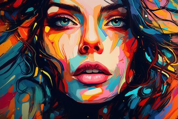 Vibrant and colorful abstract digital painting of a modern female portrait showcasing bold and unique artistic expression with intense facial features and eye-catching splashes of color on a decorativ