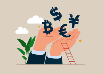 Giant hands holding Dollar euro yuan bitcoin money growth wealth exchange. Flat vector illustration.