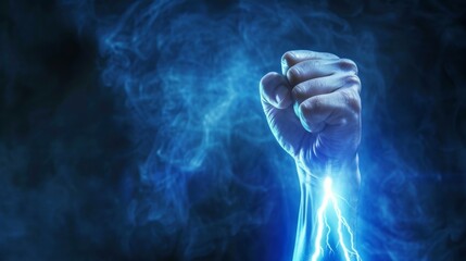 A mans fist crackles with energy, set against a lightning bolt backdrop