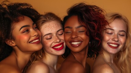 Fototapeta premium Young women friends together for self care, diversity, Skin, aesthetic, dermatology and support, Beauty.