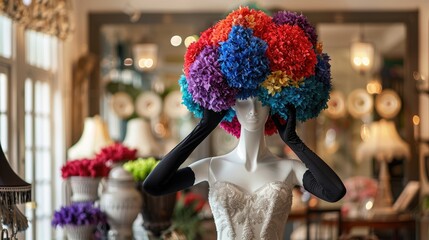 Obraz premium the colorful flower bouquet atop the serene mannequin amidst the opulent setting of a luxury fashion store