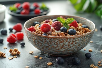 Bowl of yogurt with strawberries, blueberries, raspberries, and almonds