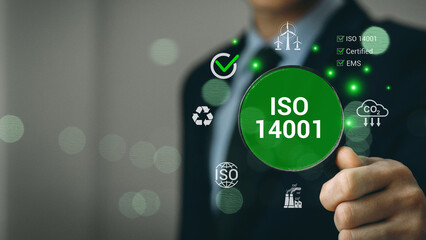 ISO 14001 concept. ISO standards quality control 14001 certified for environmental management systems (EMS). Identify, control and reduce the environmental impact of activities. Modern ISO banner.