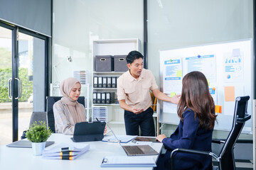 Comprehensive financial chart adorns the whiteboard during a presentation, where male and female business professionals, including a Muslim woman in hijab, engage in a productive meeting.