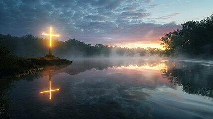 A Christian cross on the banks of a misty river at dawn, the cross glowing softly as the mist swirls around it and the sky begins to lighten with the first colors of the day.