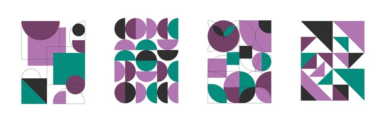 PNG Set of 4 minimal vintage 20s geometric design posters, wall art, template, layout with primitive shapes elements. Bauhaus retro pattern background, abstract circle, triangle and square line art