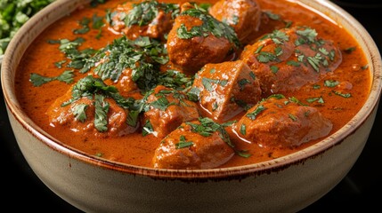 Capture the vibrant colors and exotic spices of a traditional Indian curry, featuring tender chunks of meat or vegetables in