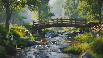 A serene countryside scene with a rustic wooden bridge spanning a babbling brook