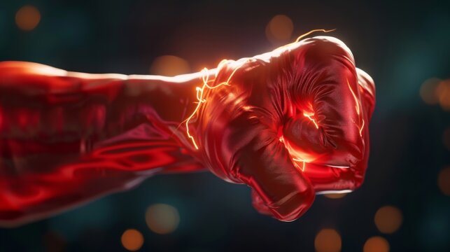 A red fist glowing with energy in front of flashing lights