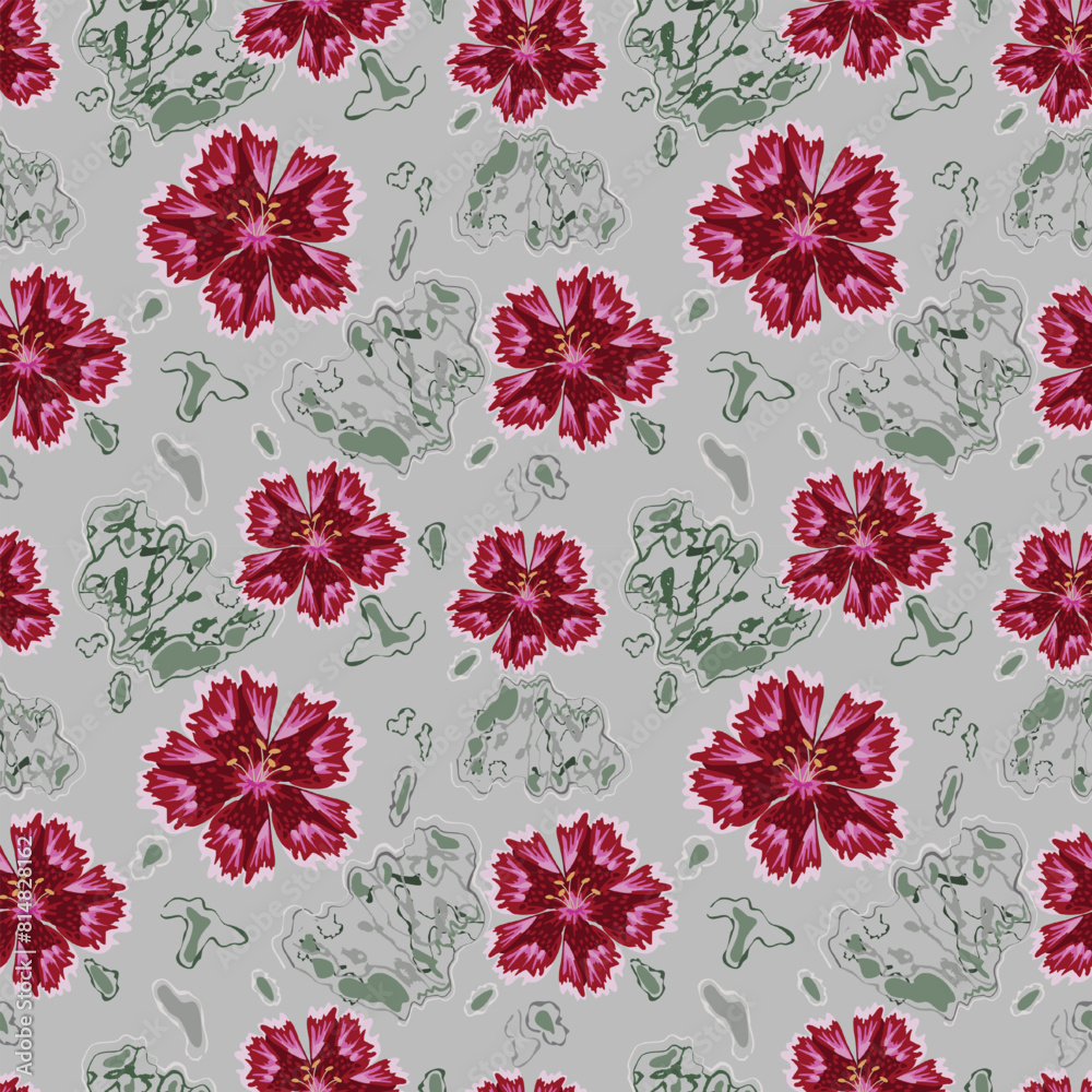 Wall mural Abstract red flowers on gray background seamless pattern for fabric textile wallpaper.